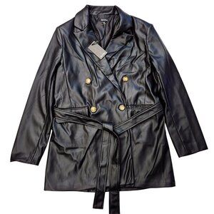 Black Belted Shiny Blazer Notch Lapel Flap Pocket Double Breasted Women’s L New